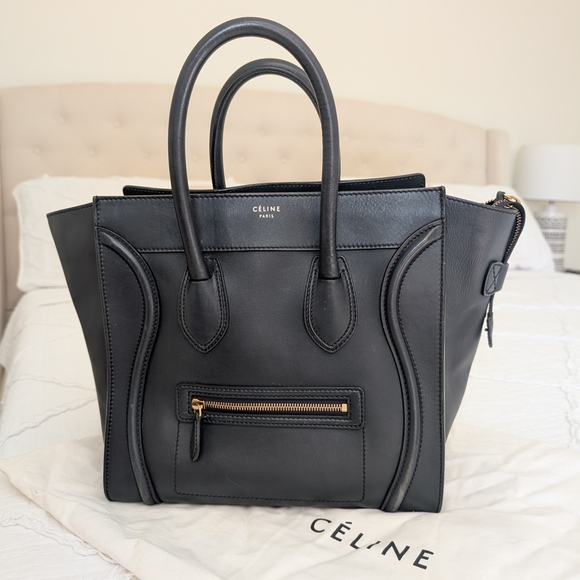 Celine Handbags - CELINE Calf Leather Tote Bag Navy Luggage Mini 11.8in Gold Authentic Women
